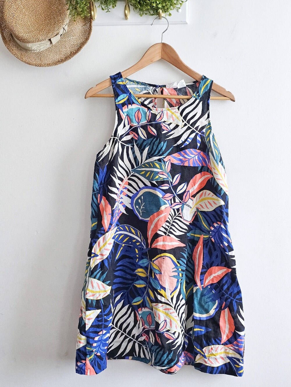 C&C California Women’s XS 100% Linen Tropical Print Sleeveless Top Pockets